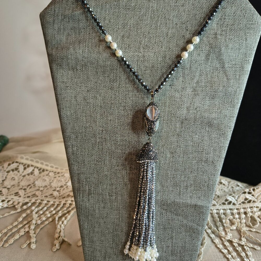 Silver Tone Black and Grey Glass Rhinestone and Faux Pearl Necklace